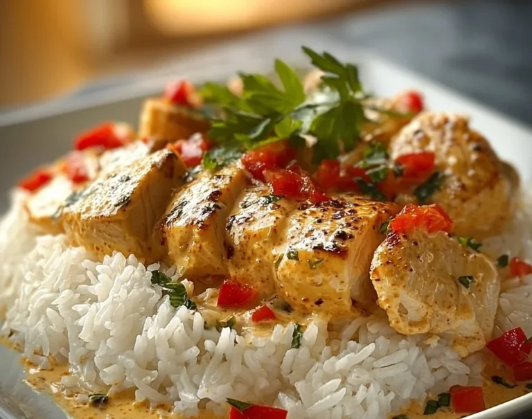 Poulet en Crème sur un lit de Riz Onctueux, plat savoureux et réconfortant.