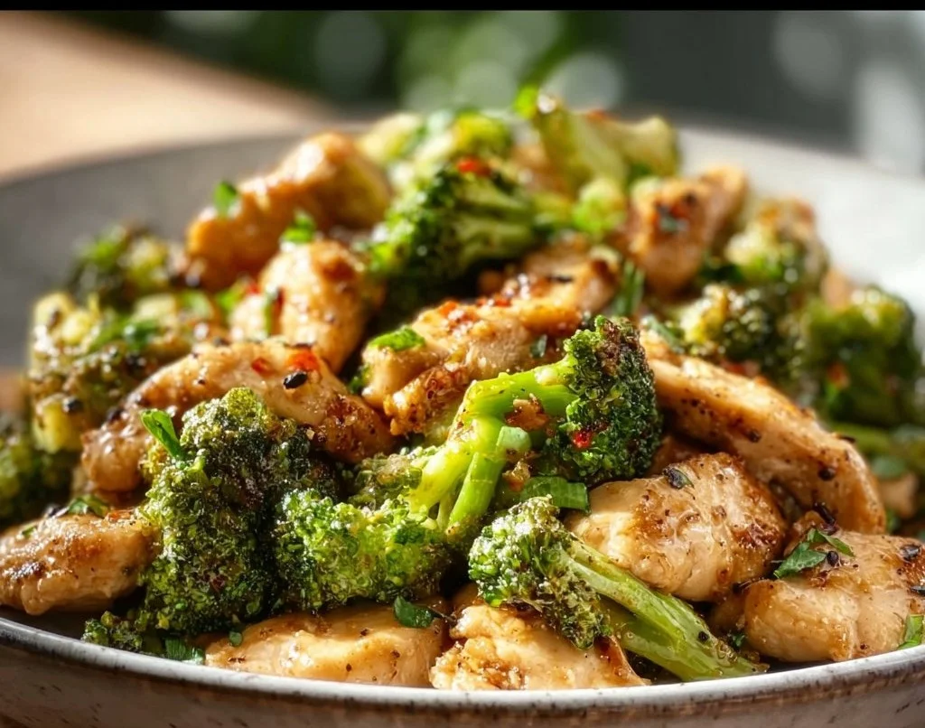 Poulet et brocoli sautés à la friteuse à air, repas sain et faible en glucides