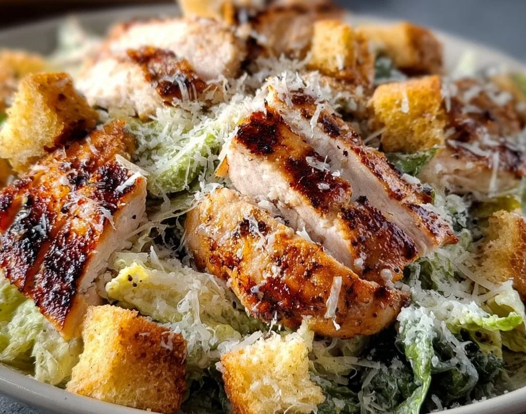Salade César au poulet grillé avec croûtons maison, présentation appétissante