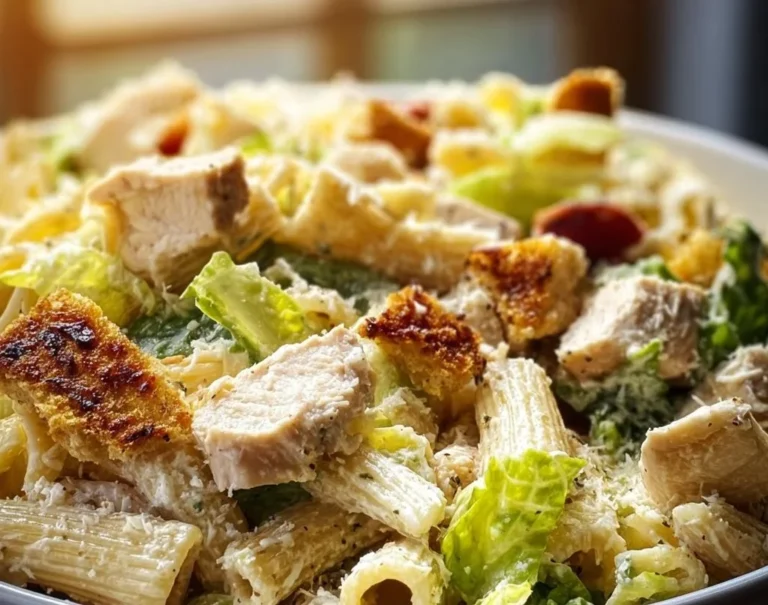 Salade César de pâtes et poulet servie dans une assiette colorée