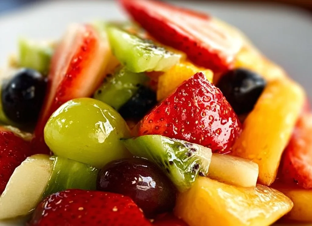 Salade de fruits colorée au secret bien gardé, mélange de fruits frais.