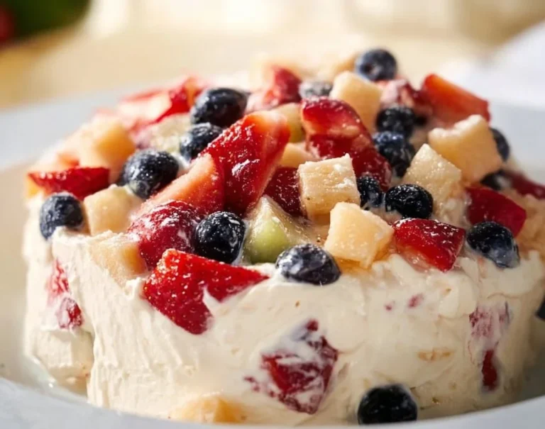 Salade de fruits façon cheesecake avec une garniture crémeuse et des fruits frais