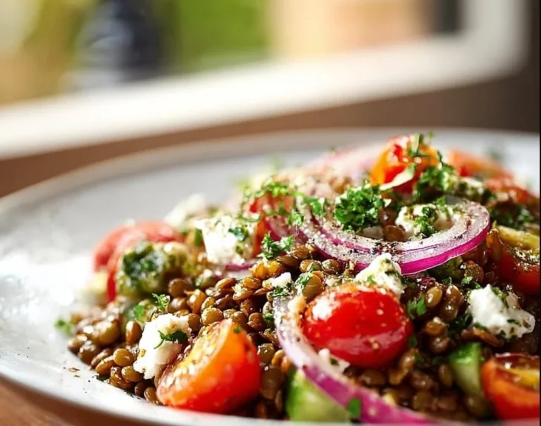 Salade de lentilles à la méditerranéenne, garnie de légumes frais et d'herbes.