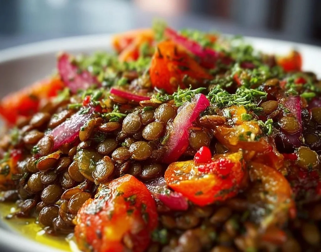 Salade de lentilles froide facile et rapide avec légumes colorés