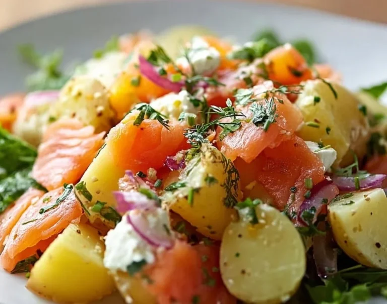 Salade de pommes de terre au saumon fumé servie dans un bol
