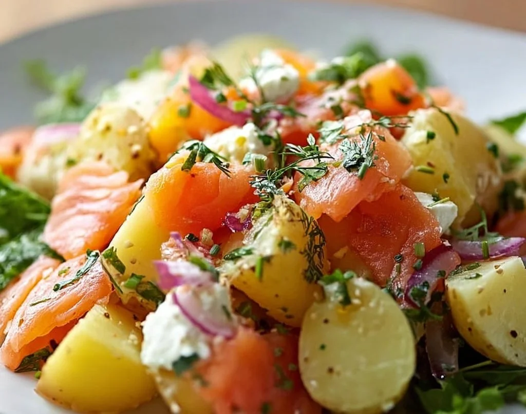 Salade de pommes de terre au saumon fumé servie dans un bol