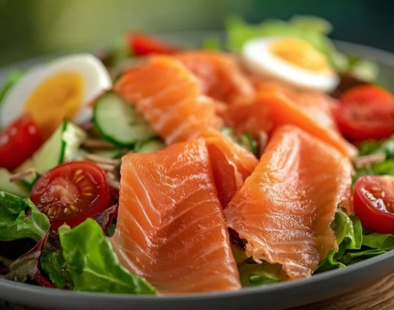 Salade de saumon fumé garnie de légumes frais et d'herbes