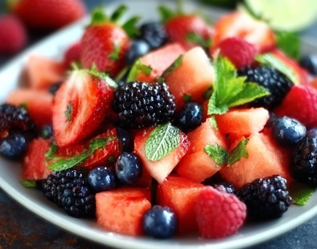 Salade estivale de fruits aux baies et à la pastèque