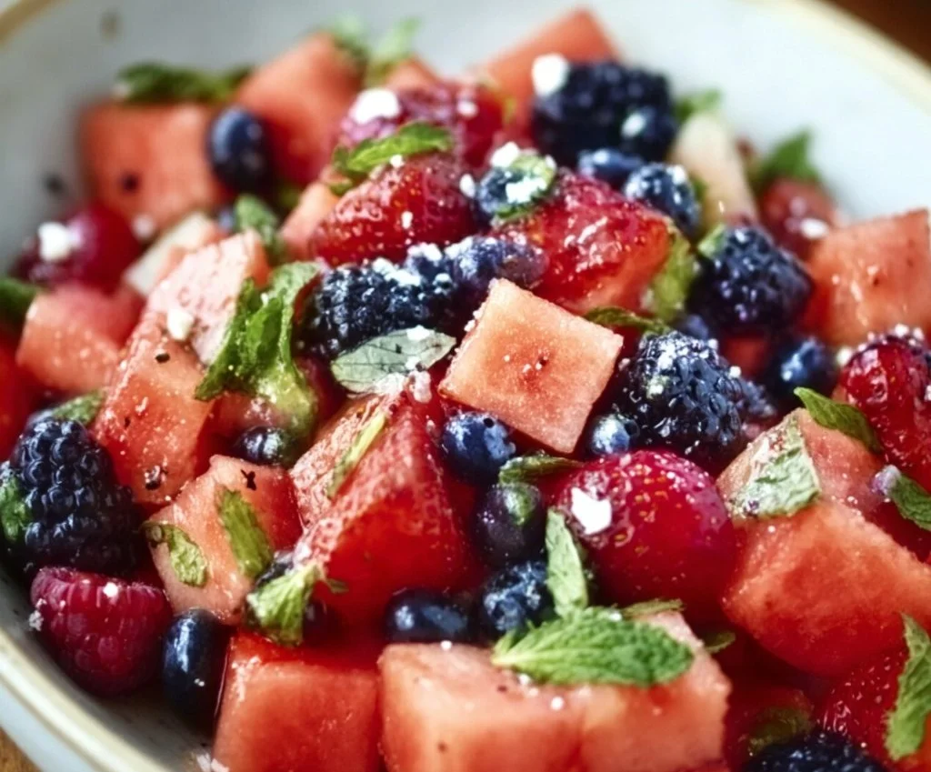 Salade estivale de fruits aux baies et à la pastèque