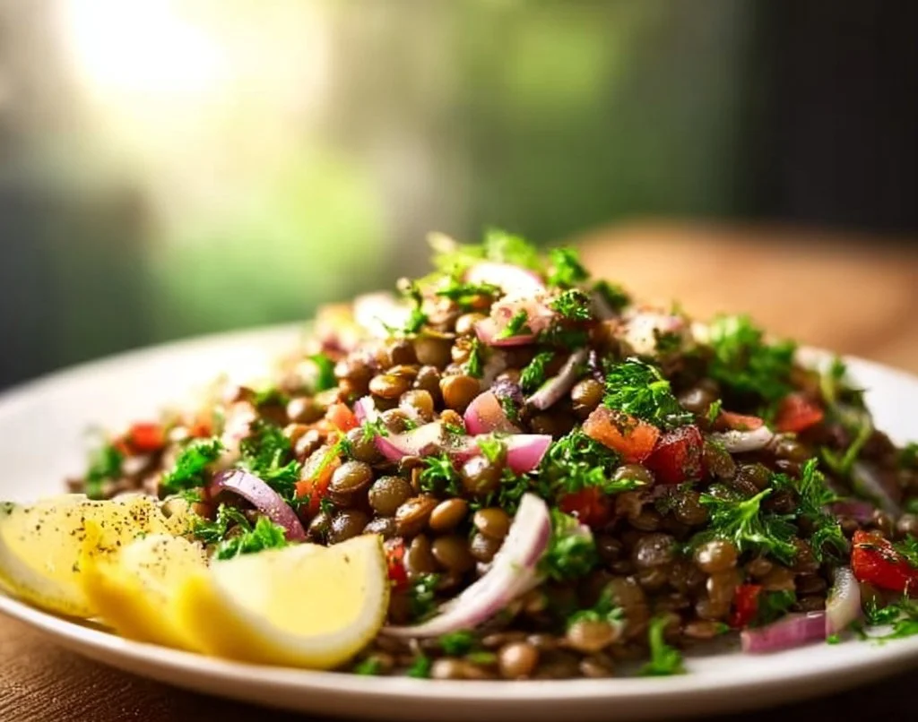 Salade libanaise aux lentilles colorée et appétissante avec légumes frais.