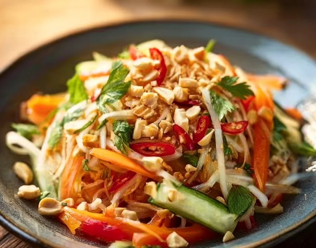 Salade thaïlandaise aux arachides garnie de légumes croquants et d'herbes fraîches