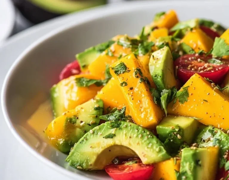Salade tropicale à l'avocat et à la mangue, un mélange frais et coloré.