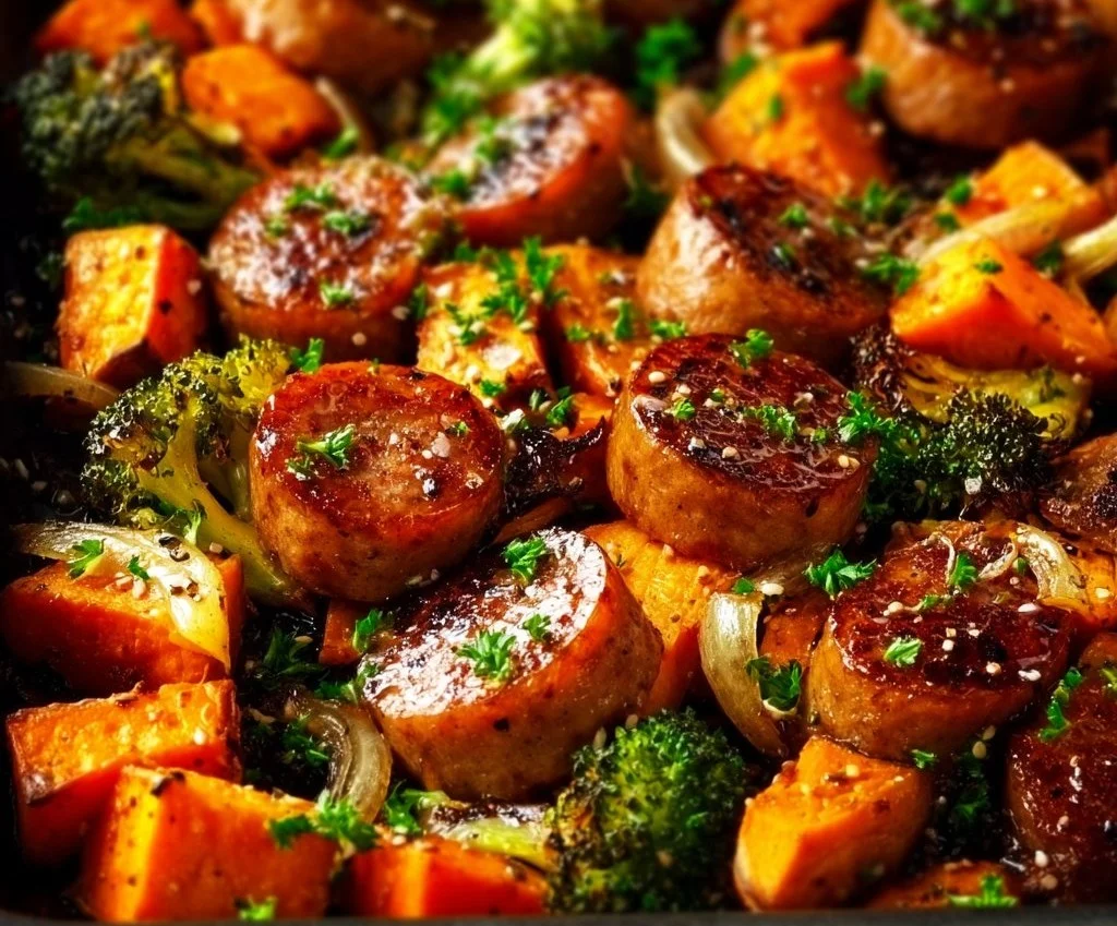 Saucisses au miel et à l’ail avec patates douces sur plaque de cuisson