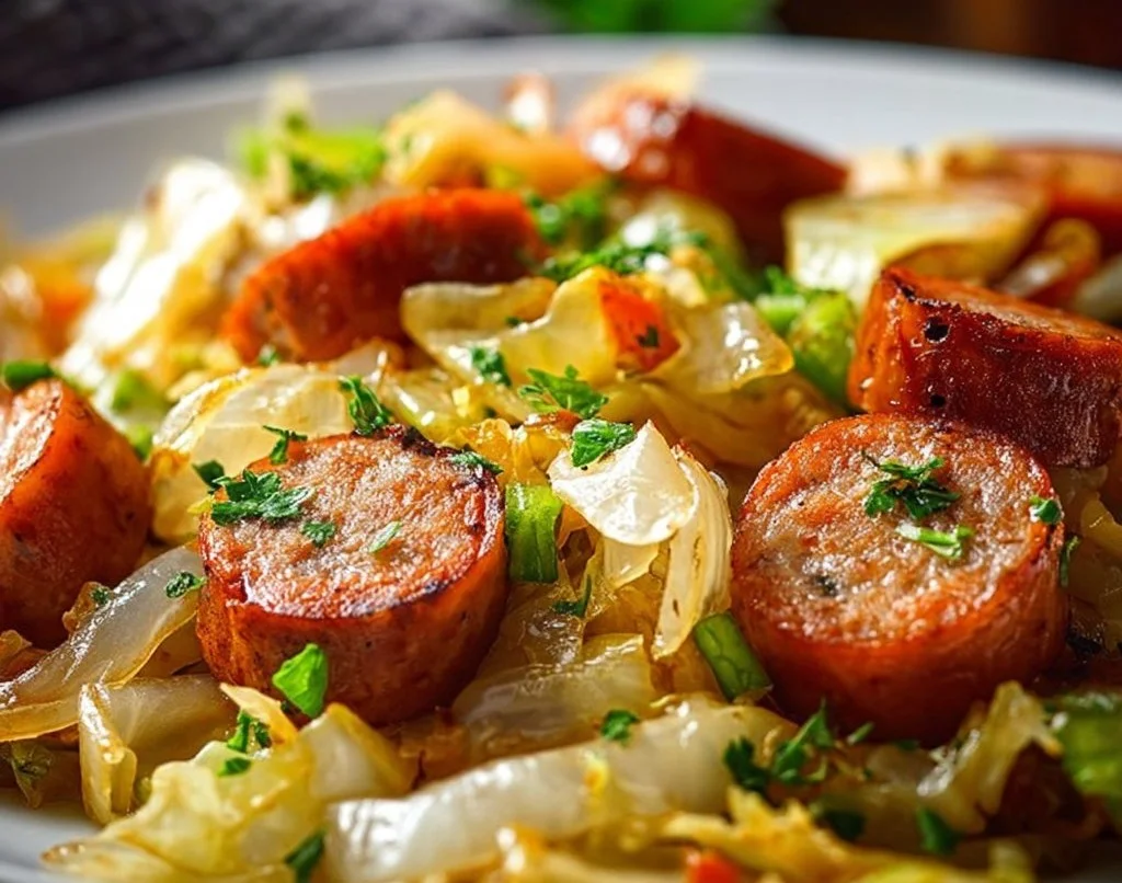 Saucisses sautées au chou servies dans une assiette colorée